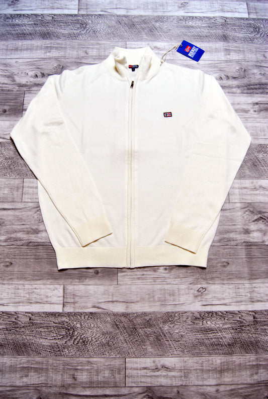 Cardigan Norway de color crema con logo bordado. Talla L.