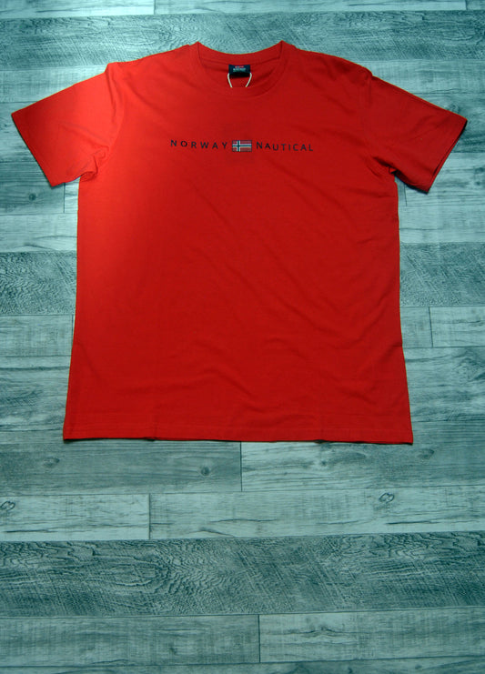 Camiseta Norway de color rojo con estampado. Talla XL.